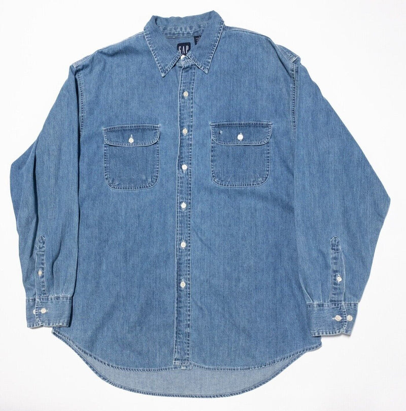 Vintage Gap Denim Shirt Large Men's 90s Long Sleeve Button-Front Indigo Blue