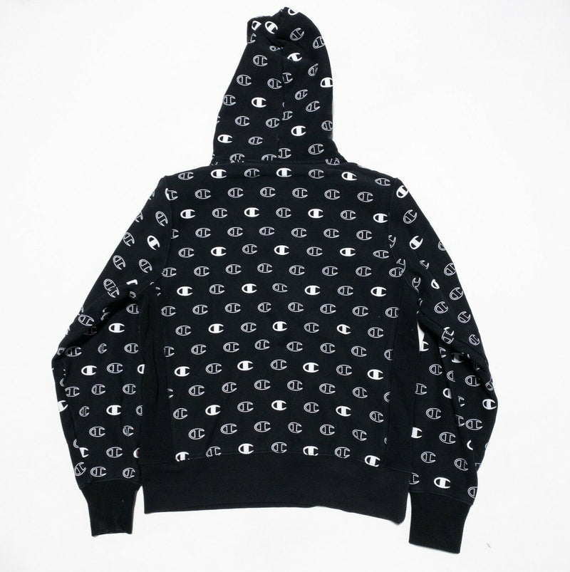 Champion Reverse Weave Men's Medium Logo All Over Print Black Hooded Sweatshirt