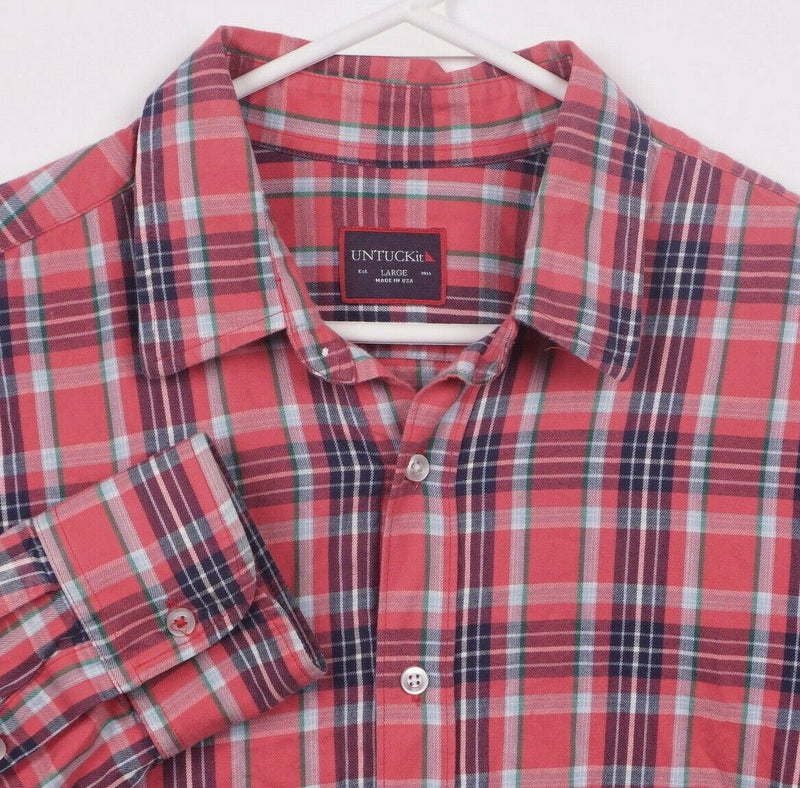 UNTUCKit Men's Large Red/Pink Blue Plaid Made in USA Button-Front Shirt