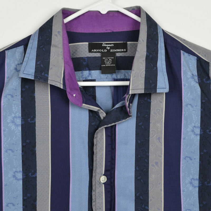 Elements By Arnold Zimberg Men's Sz XL Paisley Striped Blue Gray Flip Cuff Shirt