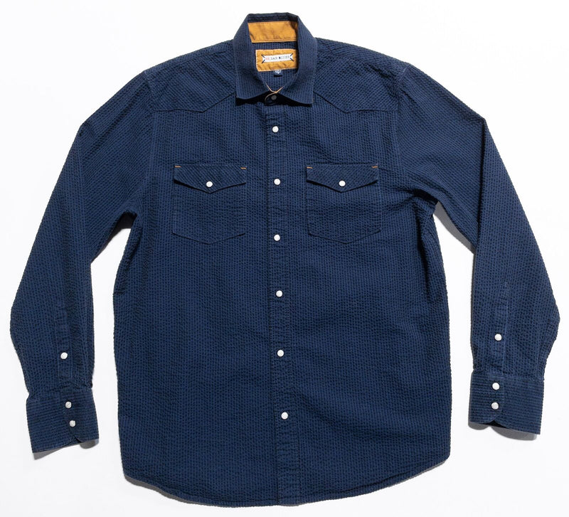 32 Bar Blues Pearl Snap Shirt Men's Medium Navy Blue Seersucker Long Sleeve