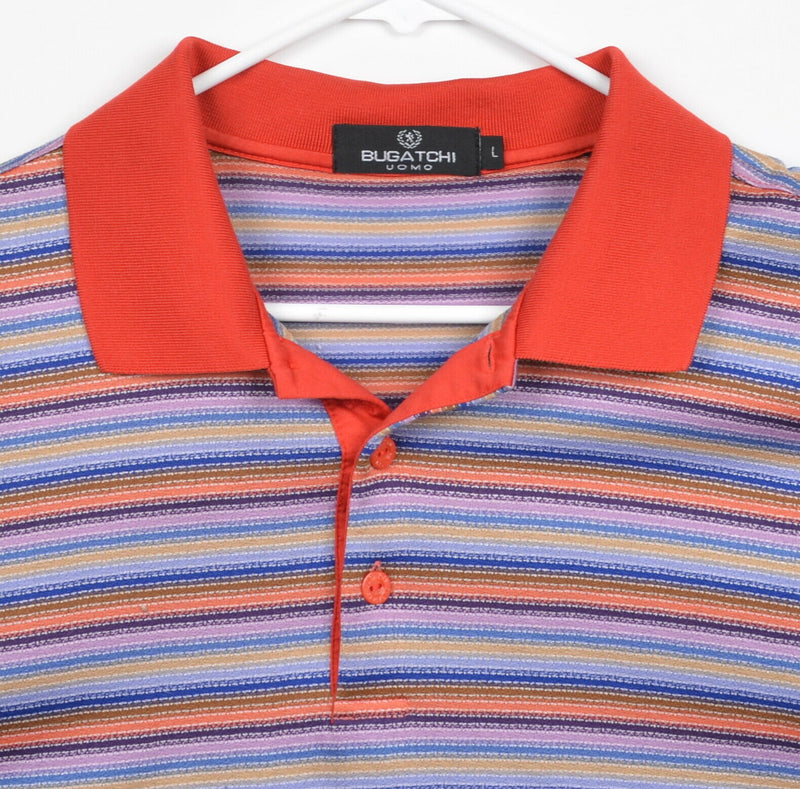 Bugatchi Uomo Men's Sz Large Striped Purple Yellow Blue Orange S/S Polo Shirt