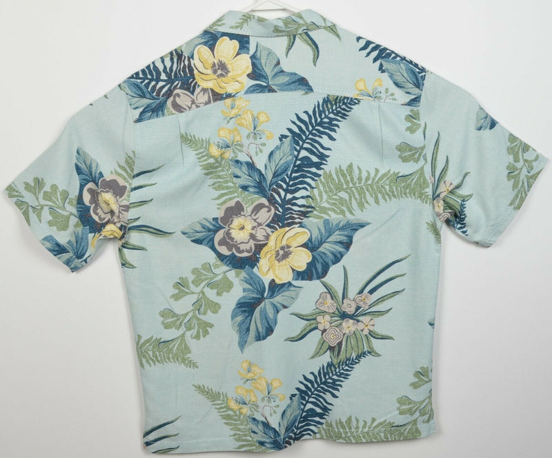 Tommy Bahama Men's Large 100% Silk Floral Blue Green Hawaiian Aloha Camp Shirt