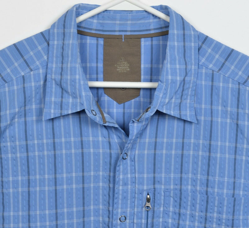 REI Men's XL Snap-Front Blue Plaid Seersucker Hiking Travel Nylon Wicking Shirt