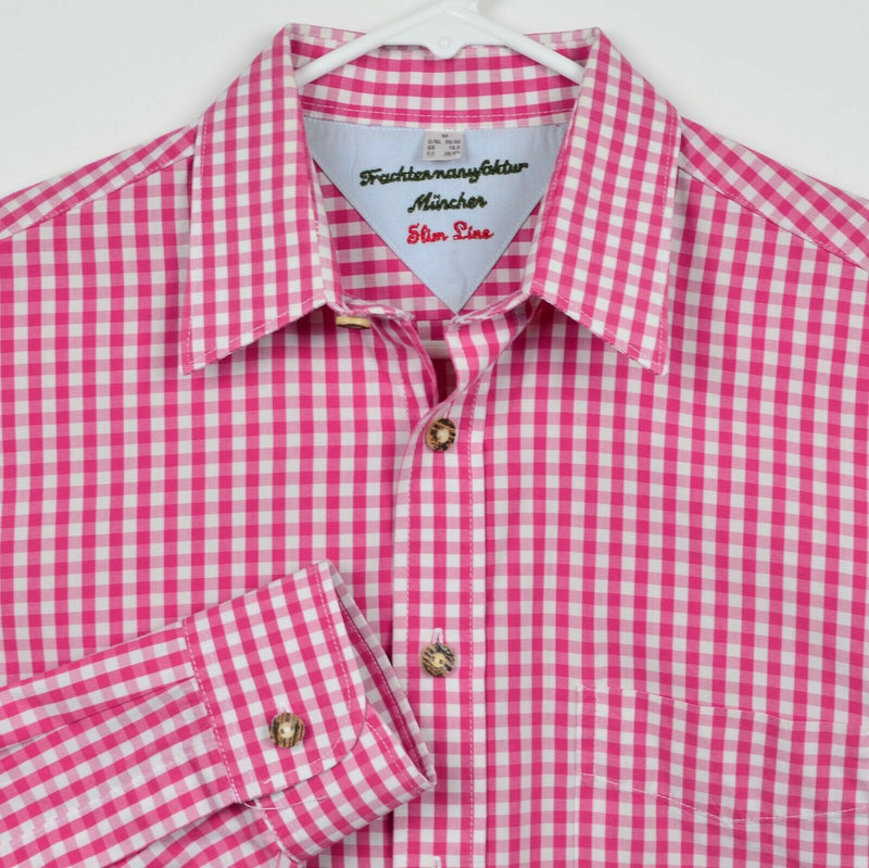 Trachten Oktoberfest Men's Sz Medium Slim Pink Gingham Check Munich Shirt