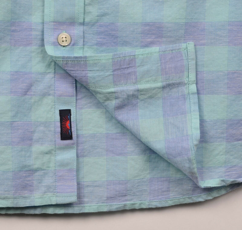 Faherty Men's Sz XL Blue Turquoise Plaid Check Cotton Linen Blend Shirt