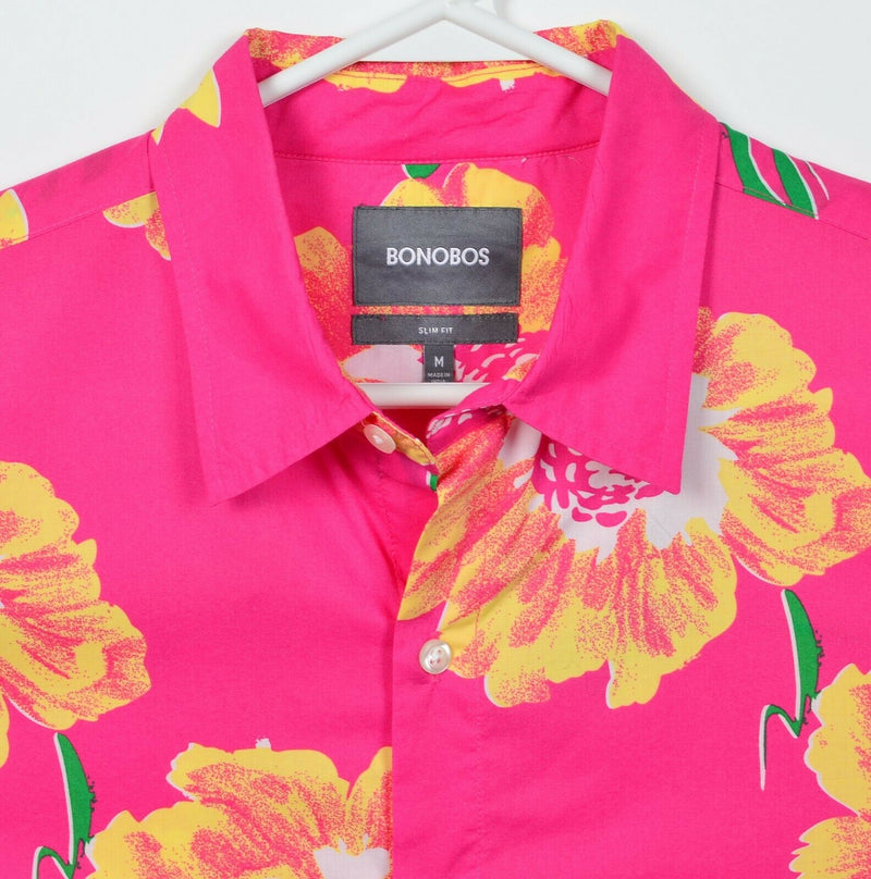 Bonobos Men's Medium Slim Fit Hot Pink Floral Short Sleeve Button-Front Shirt