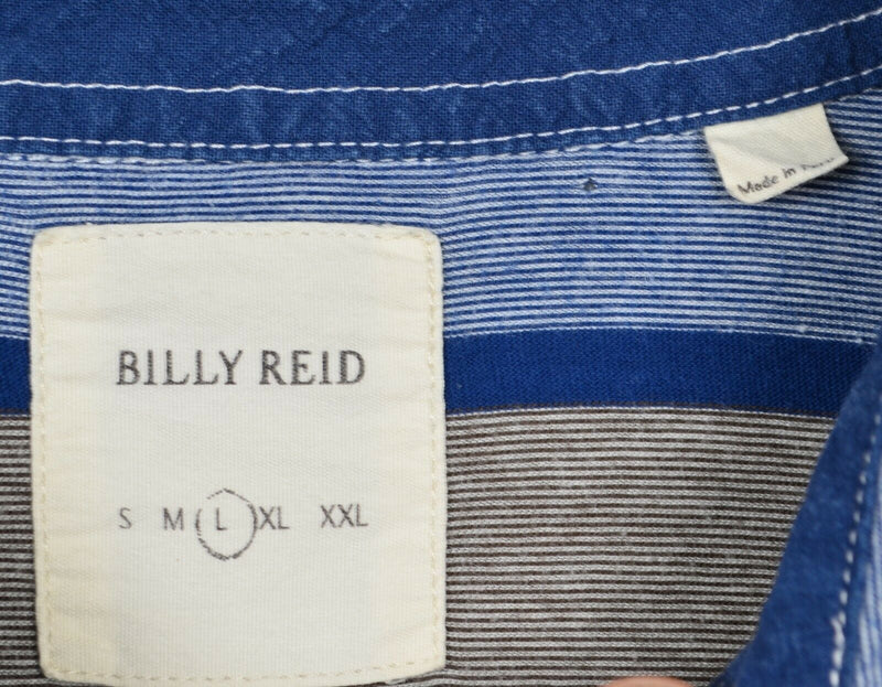 Billy Reid Men's Sz Large Blue Brown Striped Soft Pocket Polo Shirt