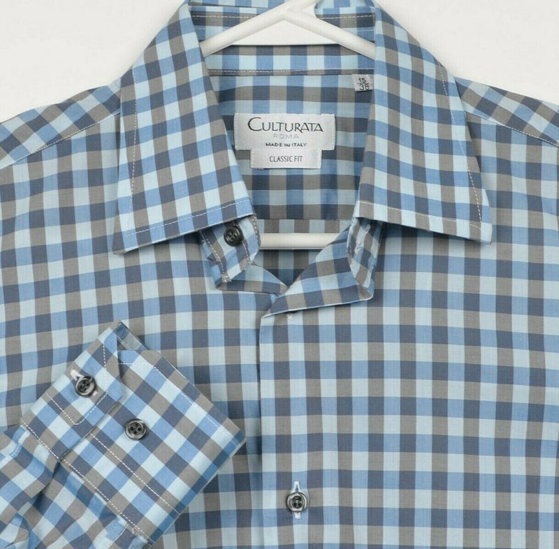 Culturata Roma Men's Small Classic Fit Blue Plaid Italy Button-Front Shirt