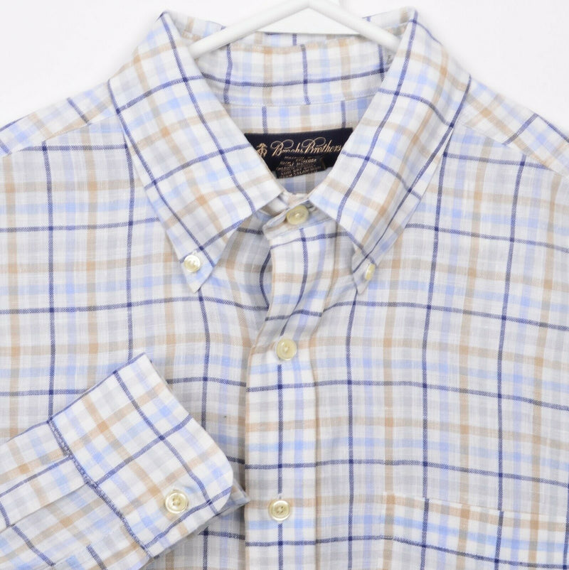 Brooks Brothers Men's Large Irish Linen White Blue Plaid Button-Down Shirt