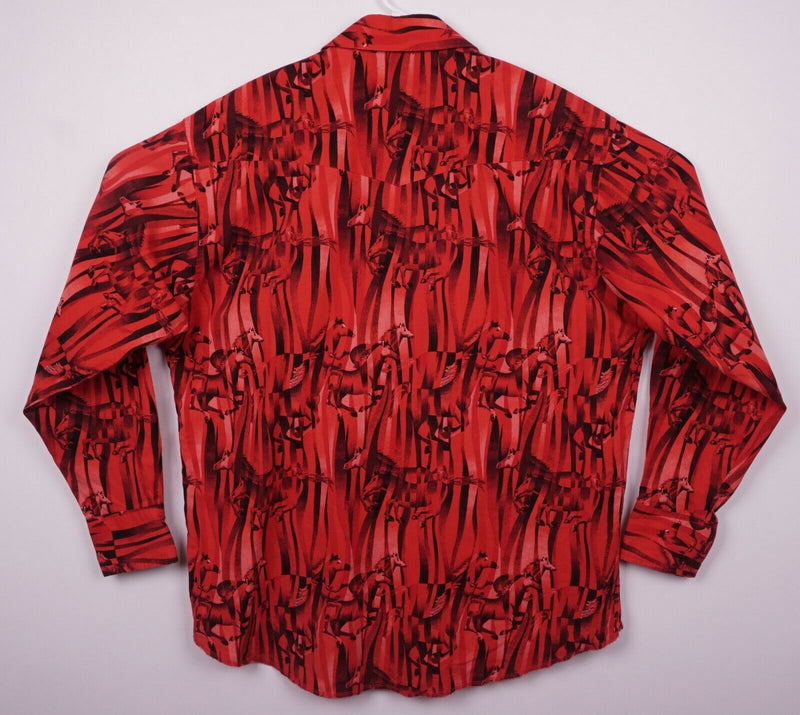 Wrangler Men's Sz XL Pearl Snap Horses Pattern Red Western Rockabilly Shirt