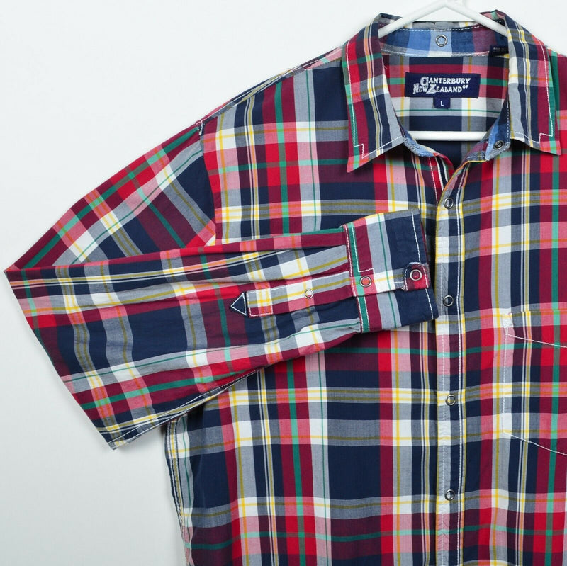 Canterbury New Zealand Men's Large Snap-Front Multi-Color Navy Red Plaid Shirt