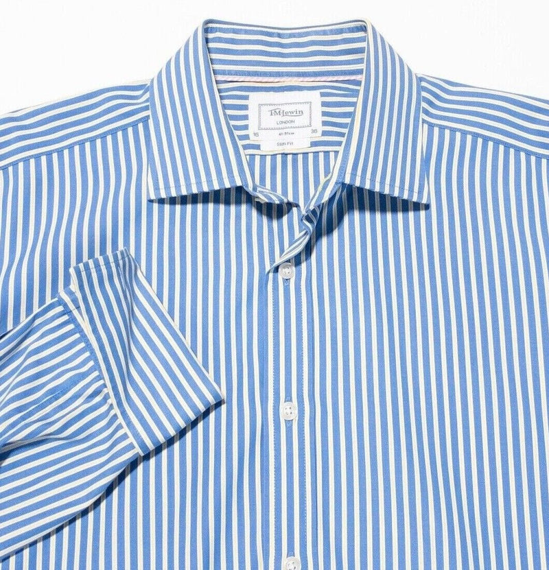 T.M.Lewin 16-36 Slim Fit Men's Shirt French Cuff Blue Yellow Stripe Long Sleeve