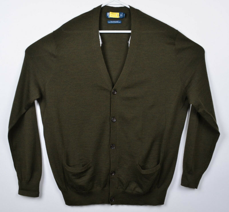 Polo Ralph Lauren Men's XLT Tall 100% Merino Wool Green Cardigan Sweater HOLES