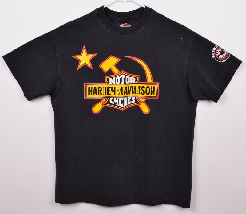 Vtg 90s Harley-Davidson Men's Large Hammer Sickle Soviet Siberia T-Shirt HOLES