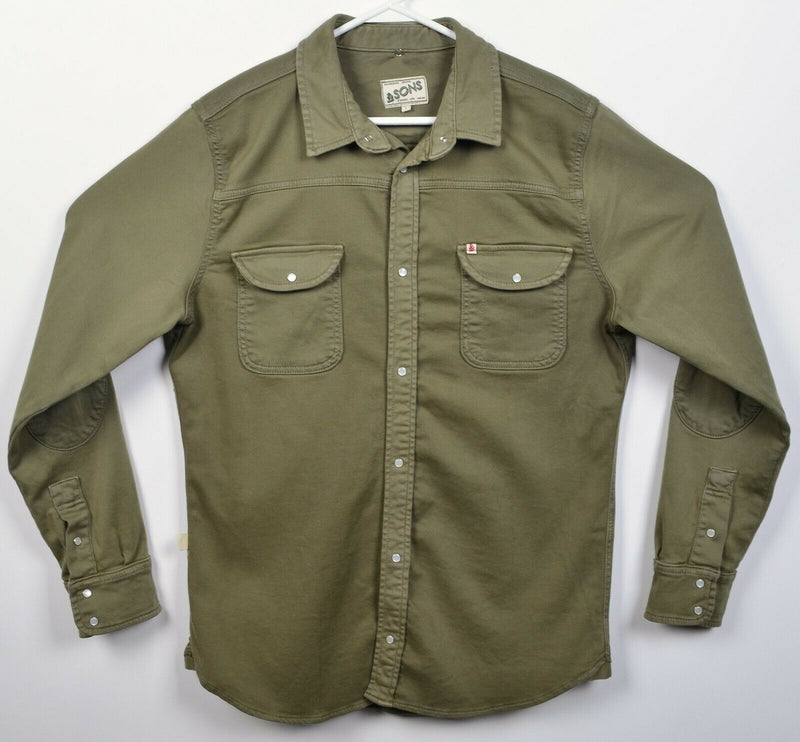 &SONS Men's Large Pearl Snap Sunday Shirt Army Green Soft Cotton Blend Shirt