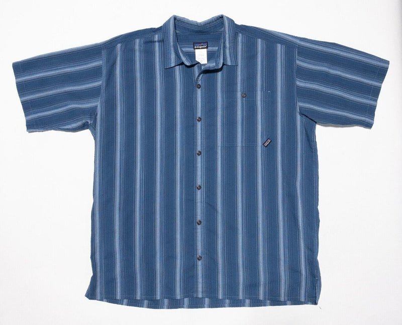 Patagonia Puckerware Shirt XL Men's Blue Striped Seersucker Short Sleeve