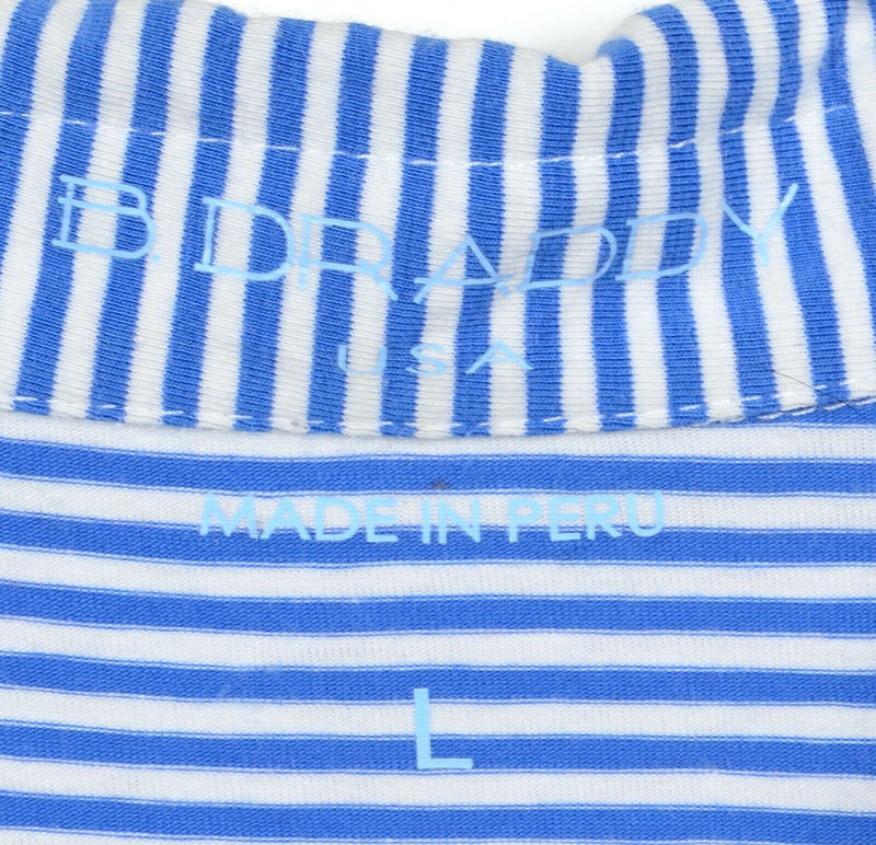 B. Draddy Men's Large Blue White Striped Pima Cotton Spandex Golf Polo Shirt