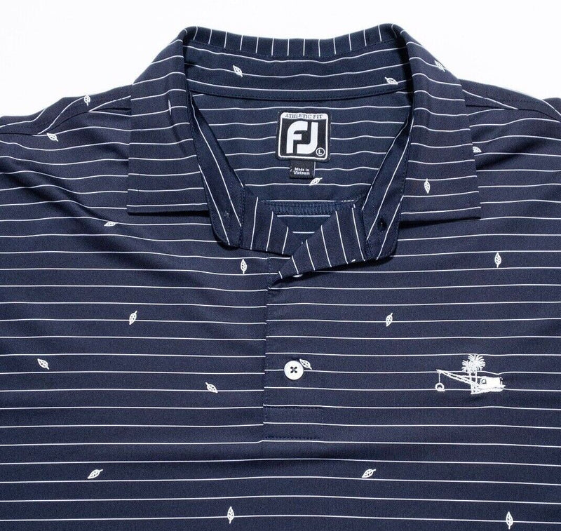 FootJoy Golf Polo Large Athletic Fit Men's Wicking Navy Blue Stripe Leaf Print