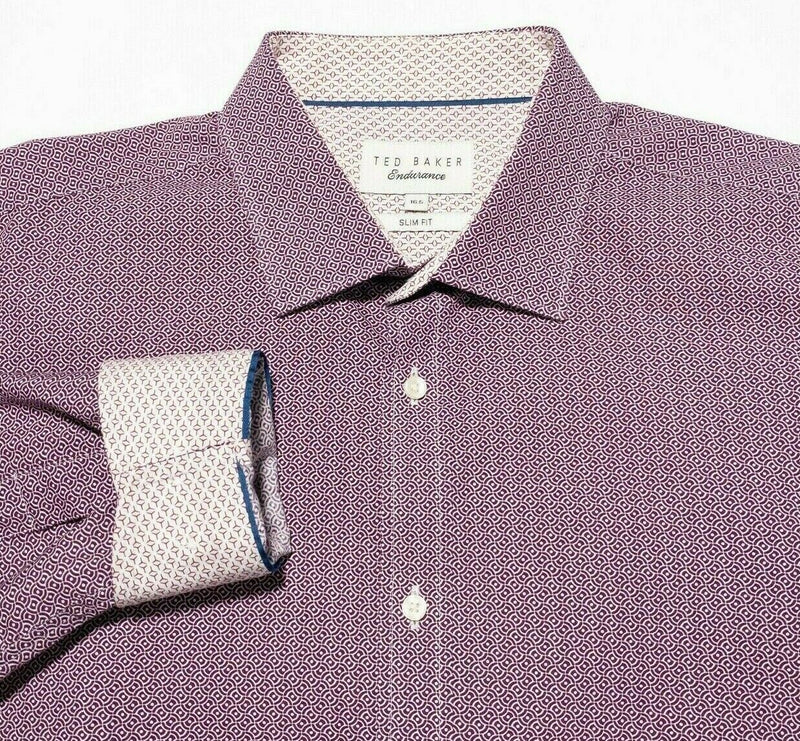 Ted Baker Dress Shirt Men's 16.5 Slim Fit Endurance Flip Cuff Purple Geometric