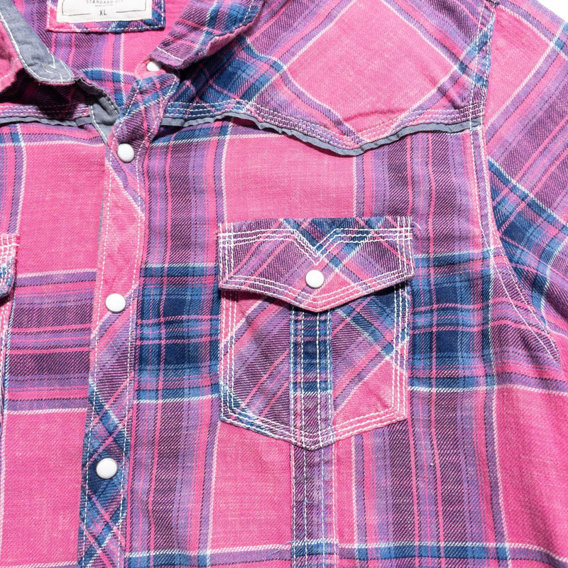 Buckle BKE Vintage Pearl Snap Shirt Men's XL Pink Blue Plaid Western Rockabilly