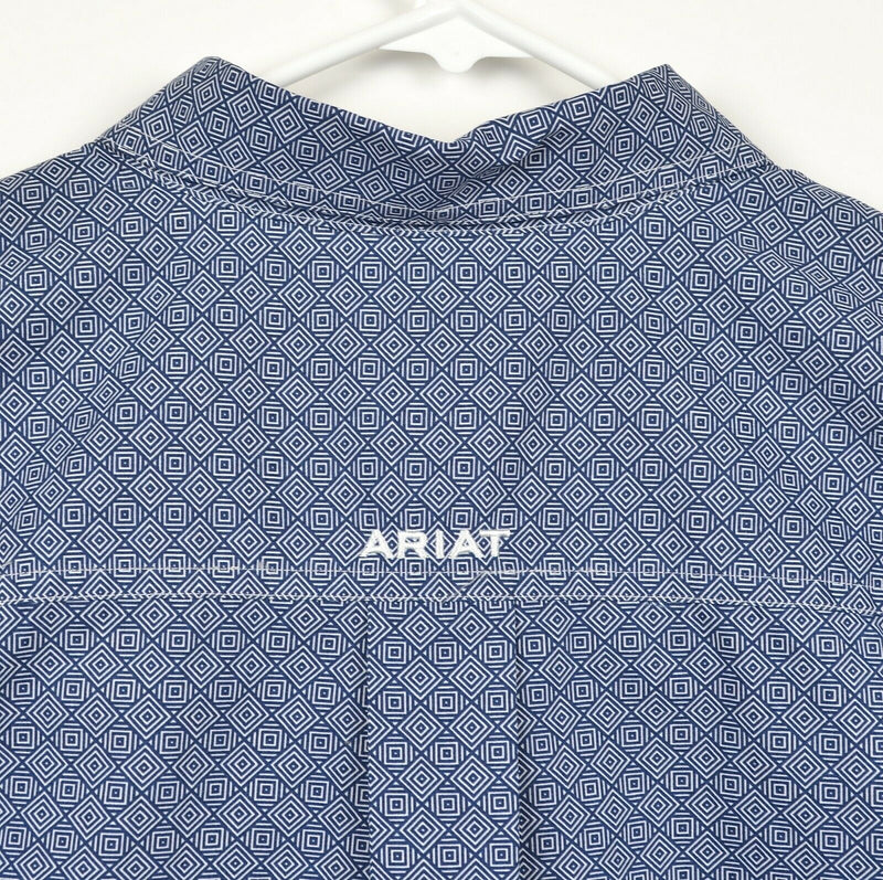 Ariat Men's Sz XL Geometric Diamond Pattern Blue Button-Down Rodeo Western Shirt