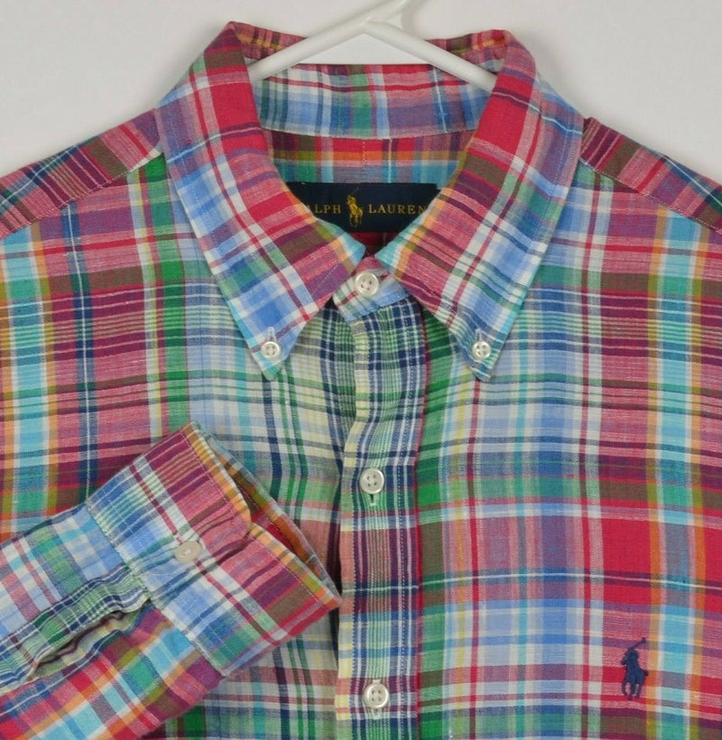 Polo Ralph Lauren Men's Medium 100% Linen Red Green Blue Button-Down Shirt