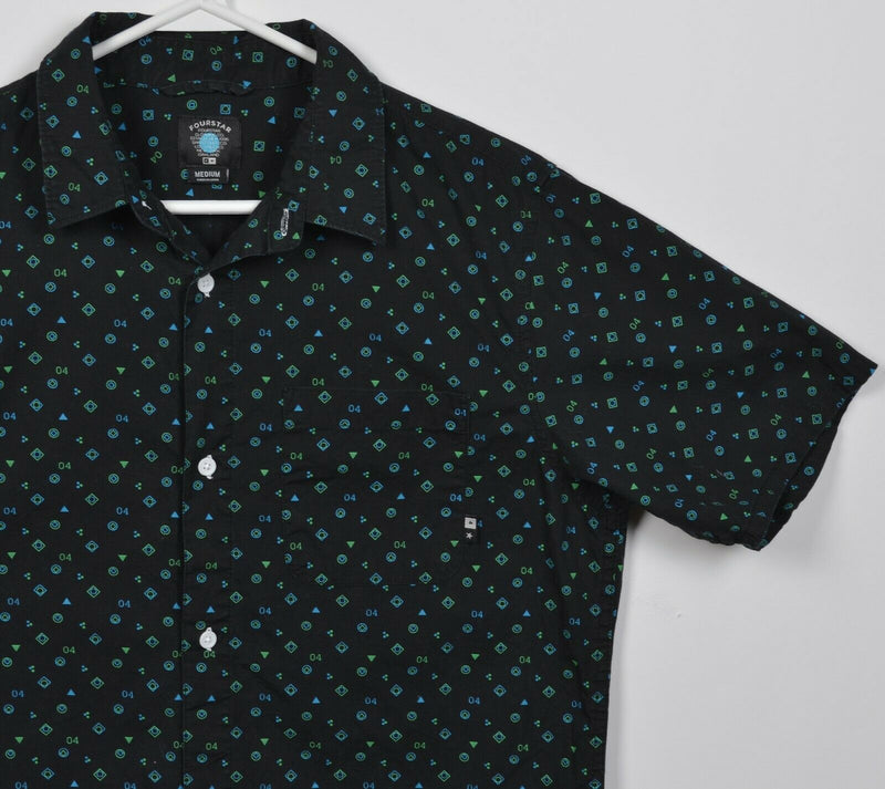 Fourstar Men's Medium Geometric Print Blue Green Diamond Button-Front Shirt