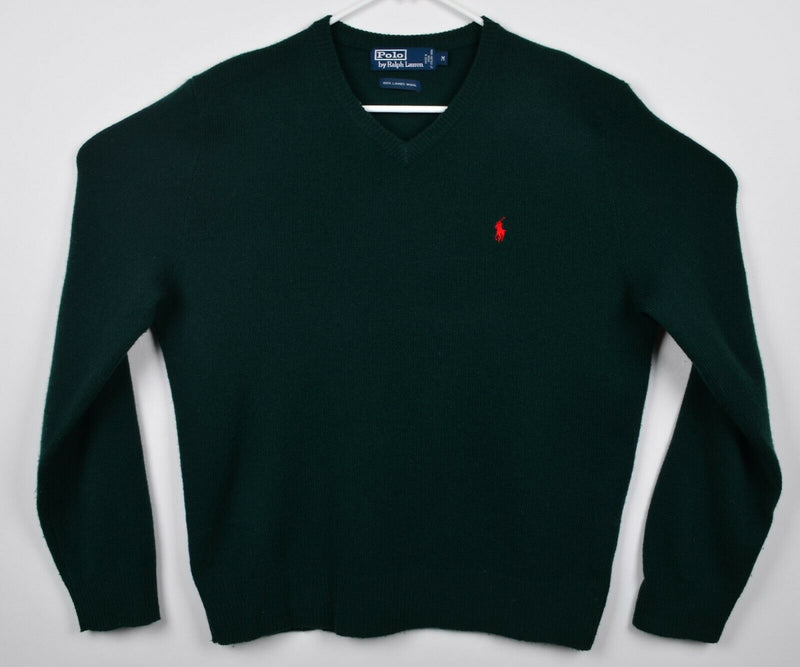 Polo Ralph Lauren Men's Medium 100% Lambswool V-Neck Dark Green Pullover Sweater