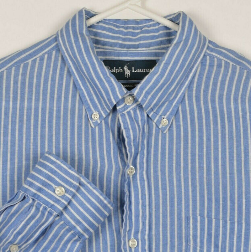 Polo Ralph Lauren Men's Large Classic 100% Linen Blue Striped Button-Down Shirt