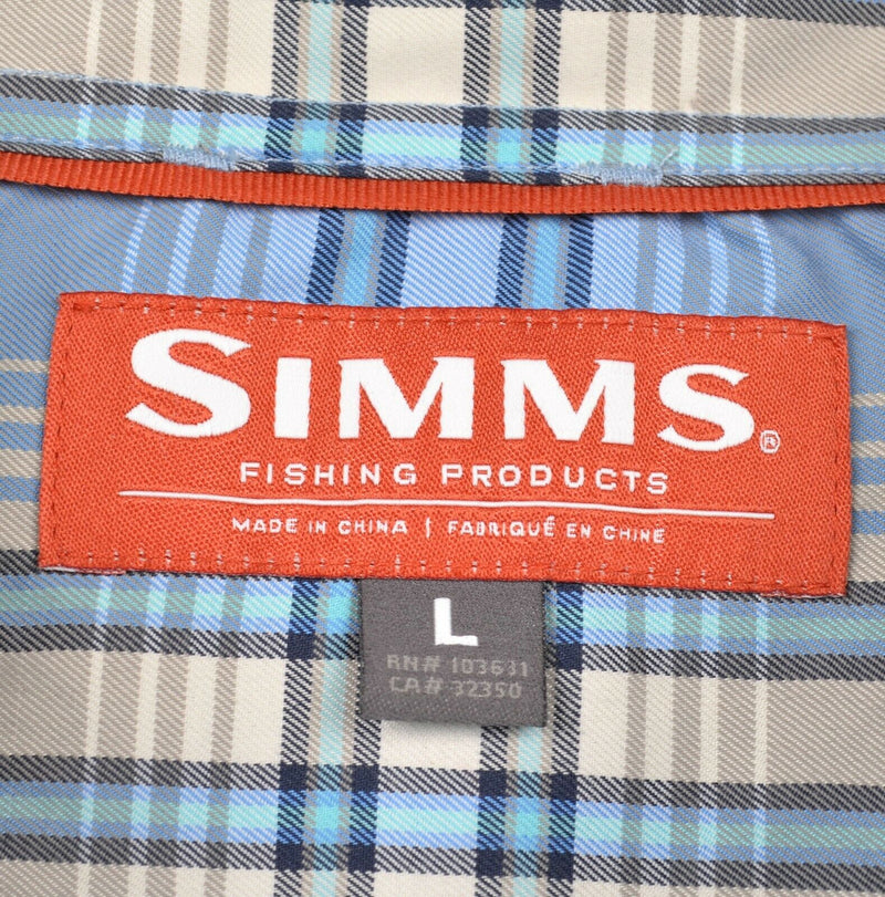 Simms Men's Sz Large Fishing Blue Plaid Polyester Nylon Button-Front Shirt