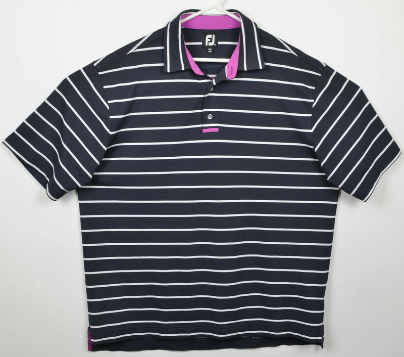 FootJoy Men's XL Dark Navy Blue Striped Wicking Polyester FJ Golf Polo Shirt