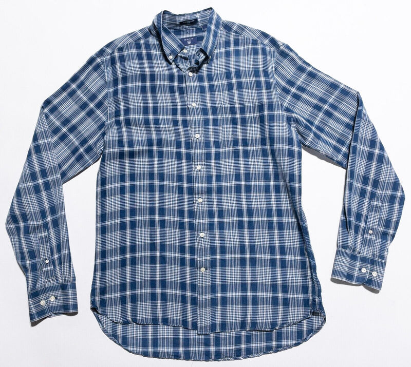 Gant Linen Shirt Men's 2XL Fitted Indigo Plaid Blue Long Sleeve Button-Down