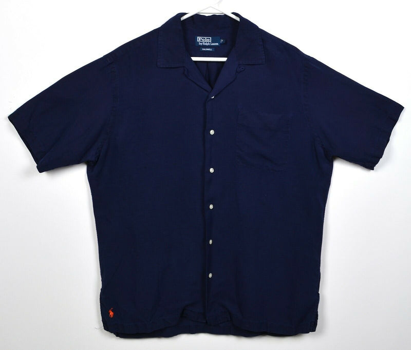 Polo Ralph Lauren Men's Medium Caldwell Silk Linen Blend Navy Blue Camp Shirt