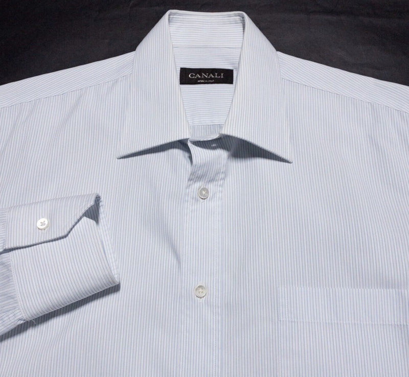 Canali Dress Shirt Men's 15.5/39 White Blue Striped Made in Italy Designer