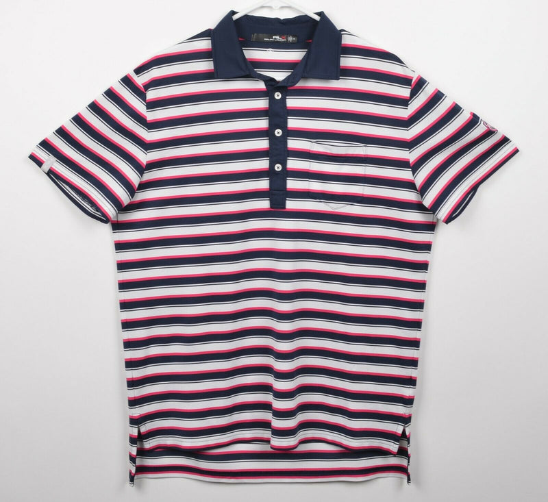 RLX Ralph Lauren Men's Sz Medium Wicking Navy Blue Pink Striped Golf Polo Shirt