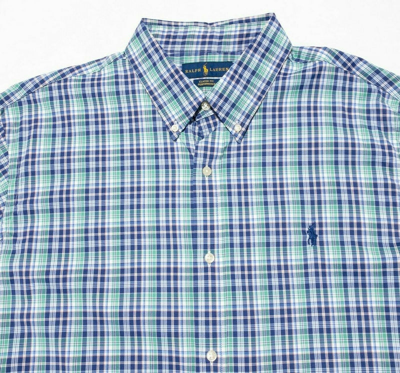 Polo Ralph Lauren Performance Shirt Nylon Wicking Green Blue Plaid Men's 2XL