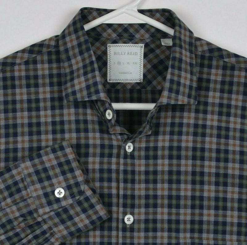 Billy Reid Men's Medium Standard Cut Brown Navy Plaid Check Cutaway Collar Shirt