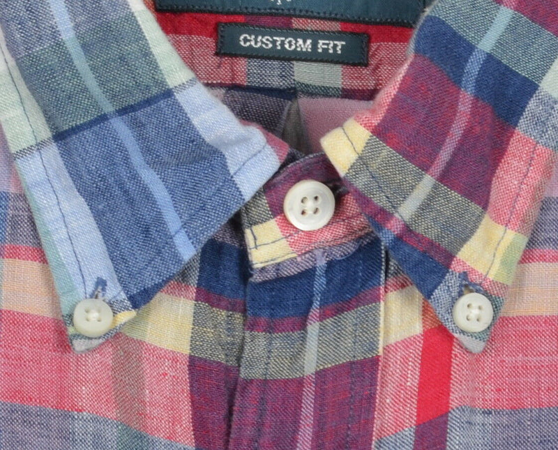 Polo Ralph Lauren Men's XL 100% Linen Pink Navy Blue Red Plaid Button-Down Shirt