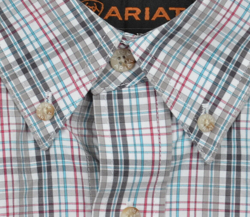 Ariat Pro Series Men's XL Blue Red Gray Plaid Western Rodeo Button-Down Shirt