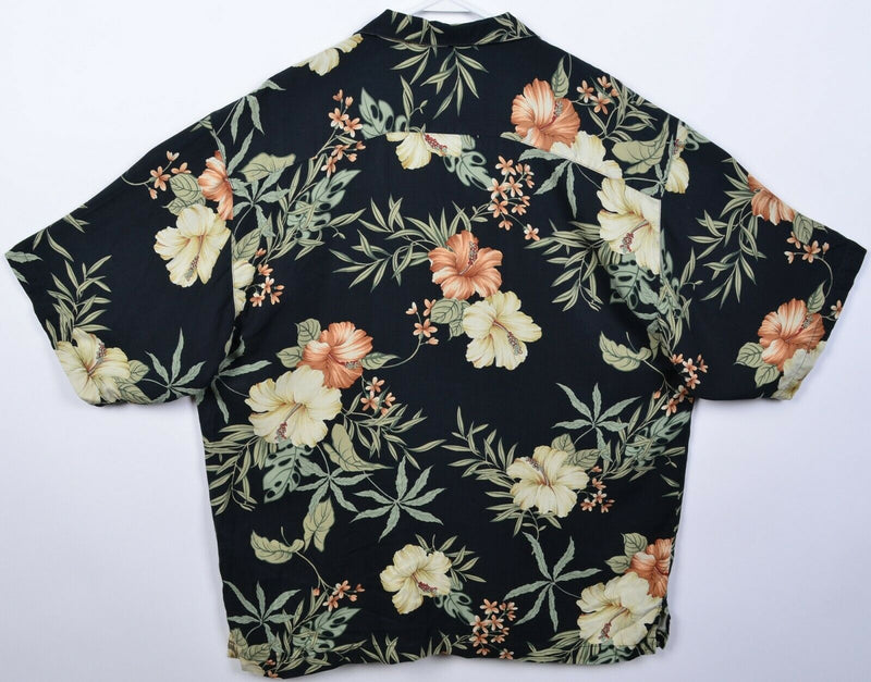 Tommy Bahama Men's XL 100% Silk Black Floral Hawaiian Aloha Camp Shirt