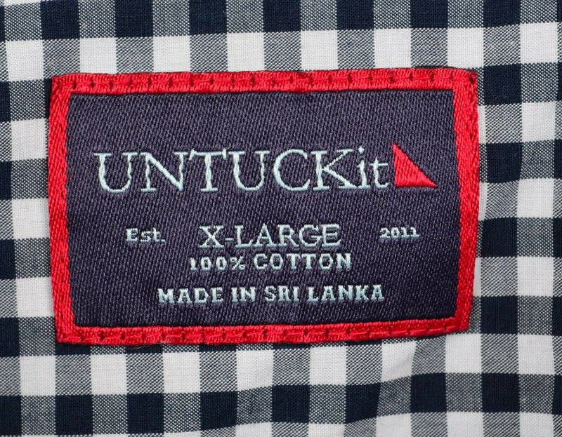 UNTUCKit Men's Sz XL Navy Blue White Gingham Check Plaid Short Sleeve Shirt