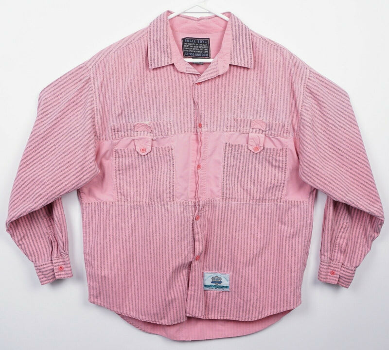 Vintage 90s Bugle Boy Men's Large Pink Striped Pockets CL-950 Button-Front Shirt
