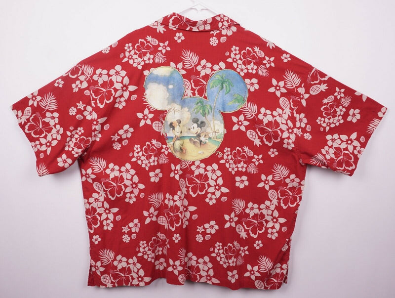 Disney Store Men's Sz 2XL Red Floral Mickey Minnie Mouse Rayon Hawaiian Shirt