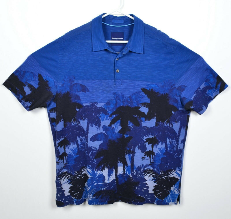 Tommy Bahama Men's Large Floral Blue Palm Tree Print Pima Cotton Polo Shirt