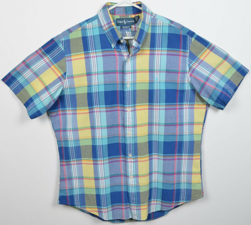 Polo Ralph Lauren Men's Large Blue Yellow Plaid Indian Madras Button-Front Shirt