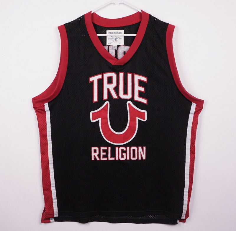 True Religion Men's 2XL Basketball Mesh Black Red Logo World Tour Sewn Jersey