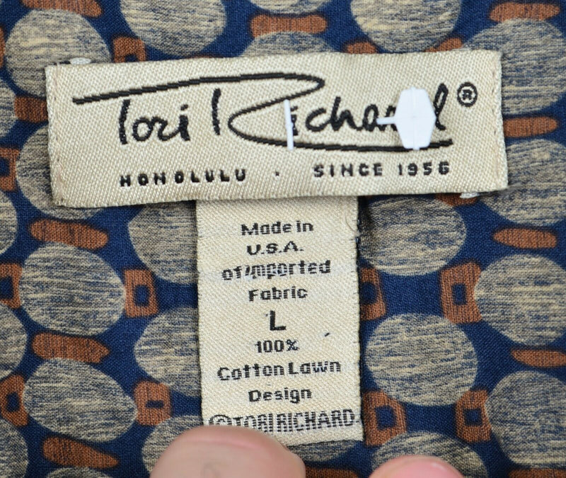 Tori Richard Men's Sz Large Geometric Oval Navy Cotton Lawn Hawaiian Aloha Shirt