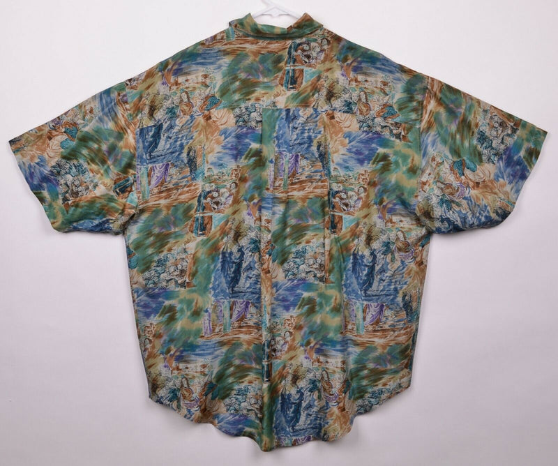 Azia Collection Men's Sz Medium 100% Silk Watercolor Painting Fresco Camp Shirt