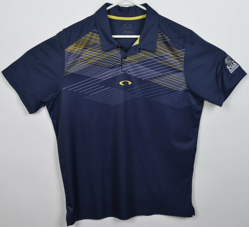 Oakley Men's Large Regular Fit Navy Blue Yellow Striped PGA Golf Polo Shirt